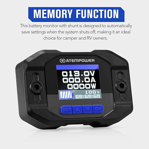 ATEM POWER 12V 500A Battery Monitor with Shunt Wire 12V Battery High Low Voltage RV Batteries Monitor Real-time Monitoring Voltage Current Watt Compatible with Lithium, Lead-Acid, AGM, Gel