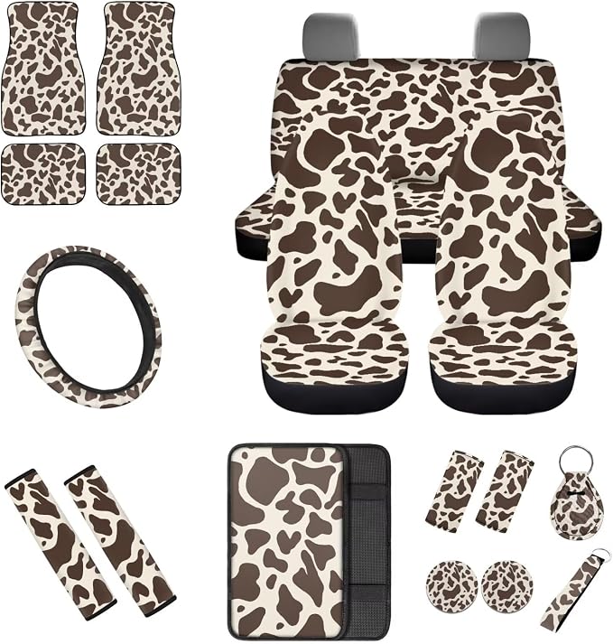 Brown Cow Print Car Seat Covers Car Floor Mats Steering Wheel Cover Armrest Pad Covers Seat Belt Pads Handle Wraps Cup Coaster Keychain Automotive Interior Accessories 18 Pcs Set