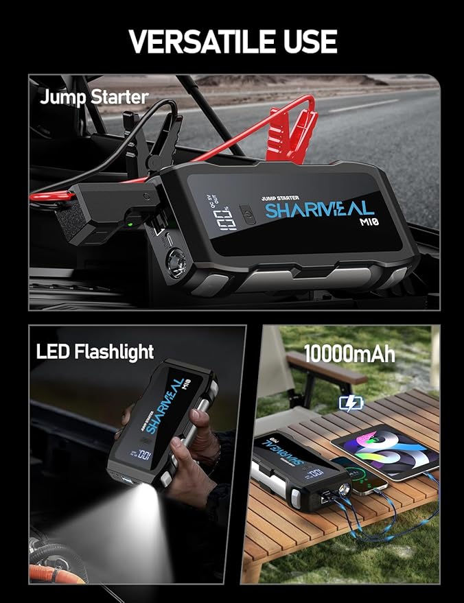 Jump Starter 6000A, 12V Car Battery Jump Starter with USB Quick Charge (Up to All Gas or 10.0L Diesel Engine), Battery Booster with 3 Modes Flashlight and Jumper Cable