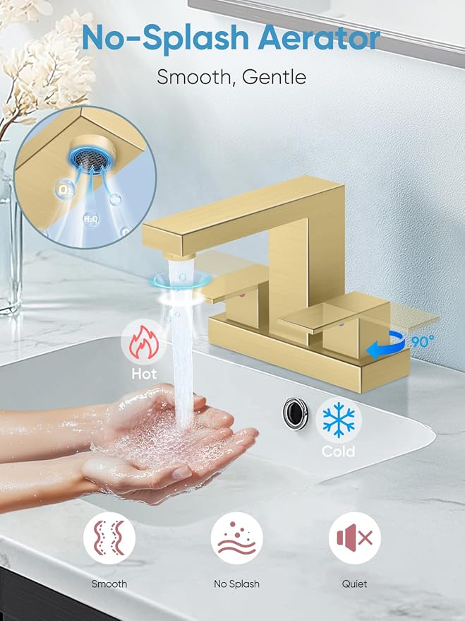 Cobbe Bathroom Faucets for Sink 3 Hole, Brushed Gold Bathroom Sink Faucet Square 4 Inch Centerset with Pop-Up Drain, 2 Handle and 2 Supply Hoses, Lead-Free Stainless Steel for Vanity, Rv, Farmhouse
