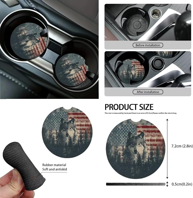 Wolf American Flag Forest Pattern Bucket Seat Rear Split Bench Cover Steering Wheel Cover Car Trash Bin Keychain Coasters Seat Belt Covers 15pcs Car Accessories