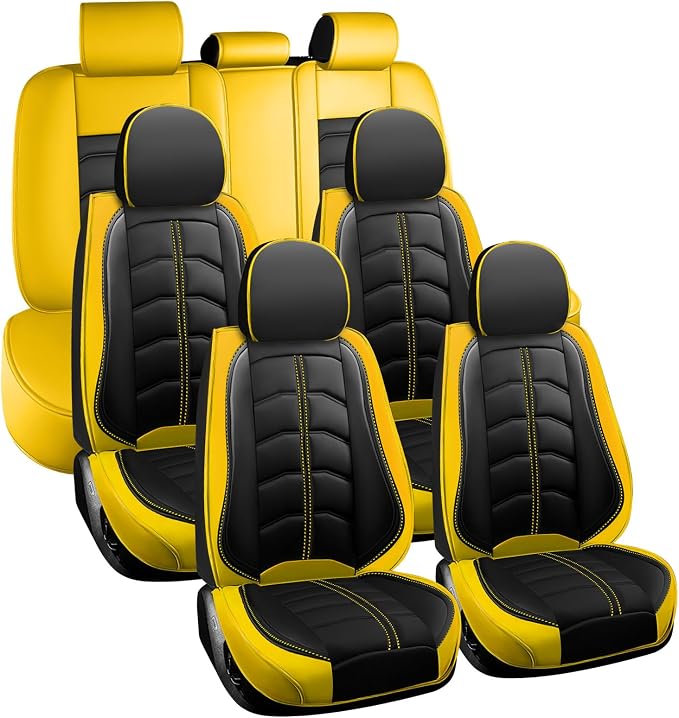Car Seat Cover 7 Seats for Toyota Highlander 2001-2026, Durable Wear Resistant Waterproof Seat Cover, Breathable No Odor Premium Leather Vehicle Interior Accessories.(7 Standard,Black Yellow)