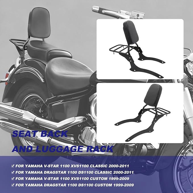 Motorcycle Sissy Bar & Passenger Sissy Bar Backrest with Luggage Carrier Rack for Yamaha VStar Dragstar 1100 XVS1100 DS1100 (Black)