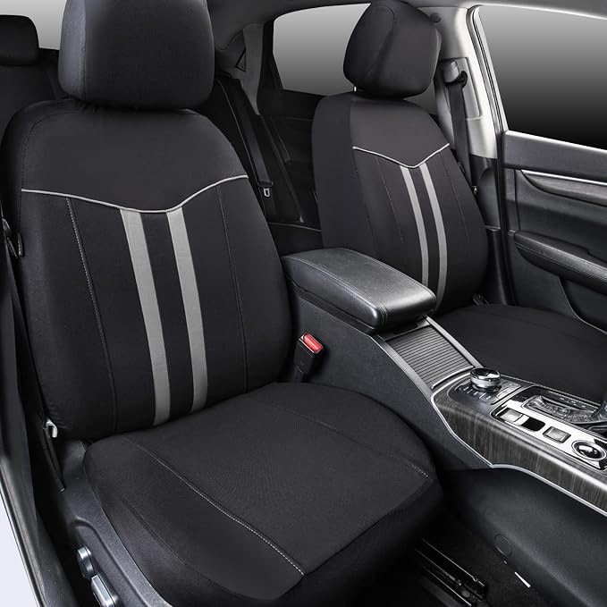 CAR PASS Line Rider Microfiber Leather Sporty Steering Wheel Cover and Sporty Cloth Full Set Car Seat Covers,Fits for 95% Truck,SUV,Cars, Anti-Slip Safety Comfortable Desgin (Black Gray)