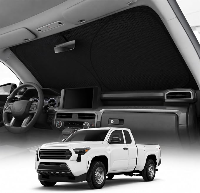 REEVAA 2026 3rd Pro Windshield Sunshade for 2016-2026 Toyota Tacoma | Dual-Layer Heat & Sun Defense, OEM Design | Foldable Sun Shade Car Accessories with Storage Bag