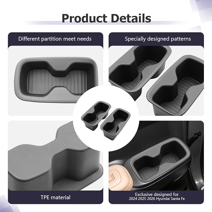 LUWU 2025 2026 Santa Fe Car Door Side Cup Holder Compatible with Santa Fe 2024 2025 2026 Interior Accessories Premium TPE Center Console Cup Holder Spill-Proof, Easy Install & Clean, 2-Pack