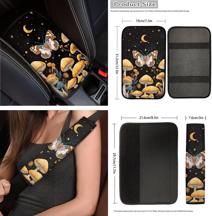 Mushroom Moth Floral Car Seat Covers Full Set 15 Pcs Universal Car Accessories Steering Wheel Cover Seat Belt Pads Garbage Bag Car Headrest Pillow Covers Armrest Pad