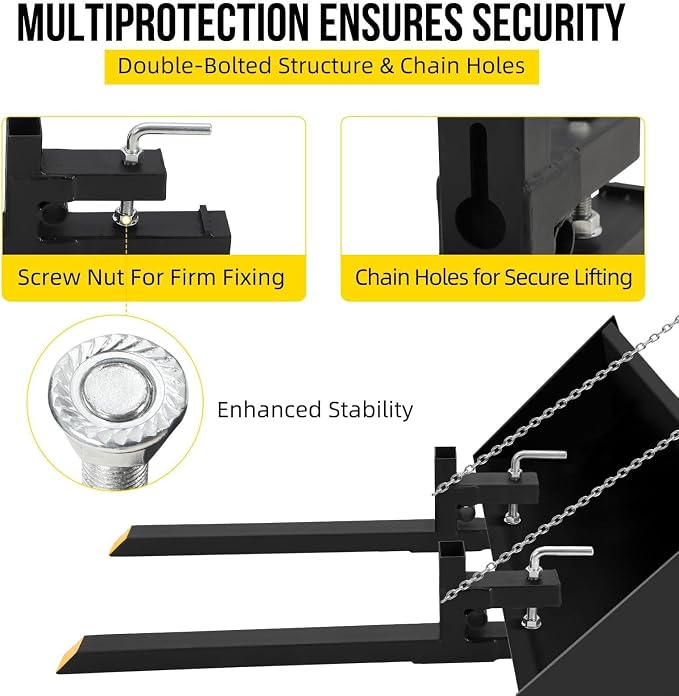 Heavy Duty 60" Clamp-On Pallet Forks for Tractor Loader Bucket – 4000 lbs Capacity – Adjustable Stabilizer Bar – Quick Attach Skid Steer Fork Attachment – Ideal for Farm and Agricultural Equipment
