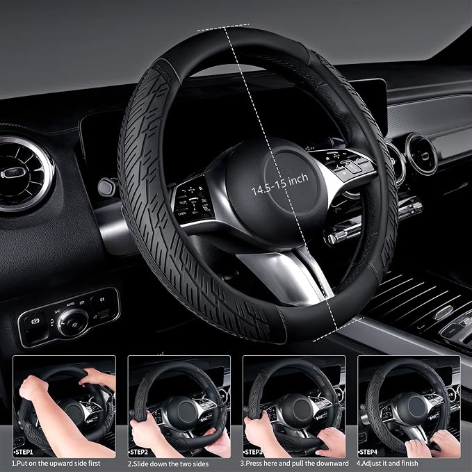 CAR PASS Universal Leather Sport car seat Covers&Leather Rubber Steering Wheel Cover Set,Equipped with Mobile Phone Holder and Non-Slip Cup Mat,Suitable for Steering Wheel 14.5-15” All Black