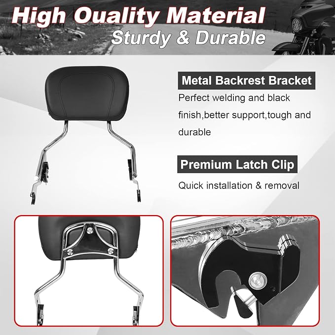 AUFER Detachable Backrest Sissy Bar Upright Passenger Backrest With Back Rest Pad Compatible With For Touring Road King Street Glide Electra Glide Road Glide FLHR FLHX FLHT FLTR 2009-2025（Chrome） | High Quality Metal Backrest Sissy Bar,Easy to Install ...