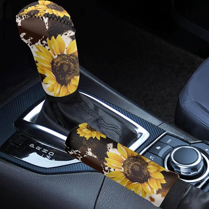 Wanyint Sunflower Cow Print Car Seat Cover Full Set with Front Back Seats Steering Wheel Covers Armrest Pad Handbrake Cover Gear Shift Cover Auto Seat Belt Pads,Cup Holder Coaster