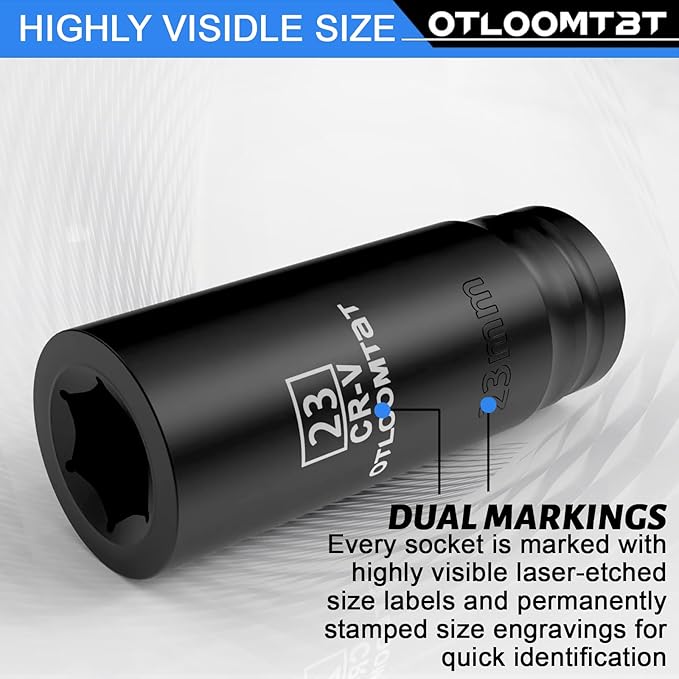 OTLOOMTBT 32PCS 1/2" Drive Impact Socket Set - Heavy Duty Industrial-Grade Deep Sockets, Metric/SAE Full Set with Extension Bar, Cr-V Steel Corrosion-Resistant Coating & Premium Storage Case