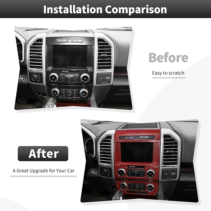 CheroCar Red Carbon Fiber Central Control Navigation & Emergency Light Control Panel Trim Cover Kit Fit for Ford F150 2015-2020 Hazard Light Switch & GPS Screen Surround Decorative Bezels