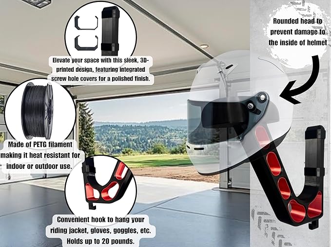 Wall Mounted Helmet Holder – Heavy Duty Motorcycle Helmet Hanger Rack for Garage Storage | Helmet Wall Mount for Motorcycle, Bicycle, Football & VR Headset | 3D Printed PETG Helmet Hook Atomic Orange