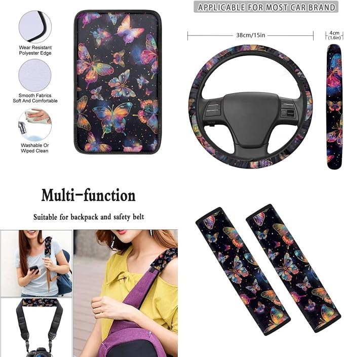 Mumeson Colorful Butterfly Car Seat Set with Steering Wheel Cover,Soft Seatbelt Covers Shoulder Pad,Armrest Cushion Covers Fit Most Vehicle Interior Accessories 8 Pack Set Black