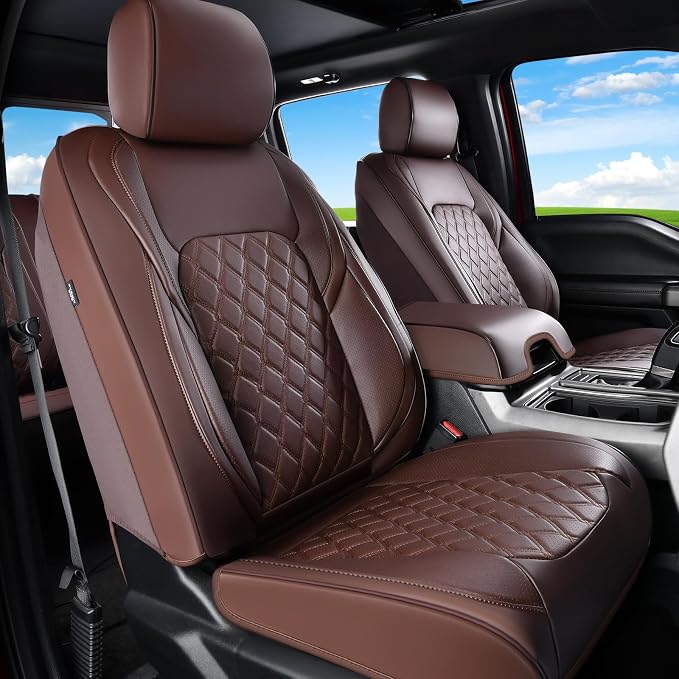 Huidasource Ford F150 F250 Custom Seat Covers, Full-wrap Car Seat Protector Fit for Ford F150 2015-2026&F250 F350 F450 2017-2026 All Cab XL XLT Lariat King Ranch Platinum(Front Pair/Coffee)