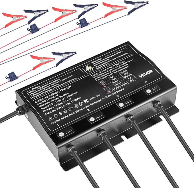 VEVOR Marine Battery Charger, 4-Bank, 10A x 4, 12V Onboard Battery Charger, IP68 Waterproof Smart Boat Charger, for Lithium-Ion (LiFePO4), NCM, Lead-Acid Batteries, Large Boat, Yacht, RV, Trailer
