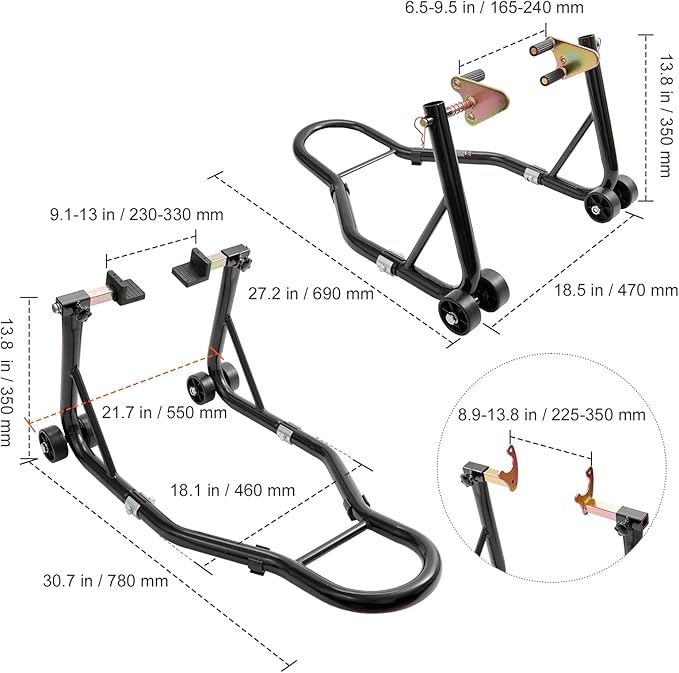 vevor Motorcycle Stand Lift 850lbs Front Rear Combo Stand Lift Stand Front Wheel Fork Stand Rear U+L Fork Swingarm Spool Stand Compatible with Most Yamaha Honda Kawasaki Suzuki Motorcycles Black