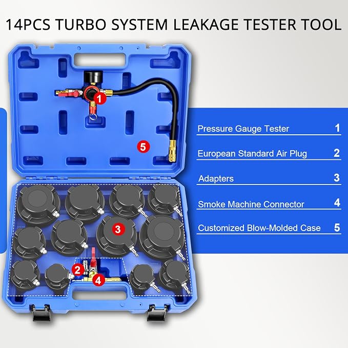 YSTOOL Turbo System Leakage Tester Kit 14Pcs Turbo Boost Leak Tester Set with 6 Pairs of Stepped Adapters (1-4/5" to 4") Air Pressure Gauge, for Radiators Cooling Emission Exhaust Pipes Testing