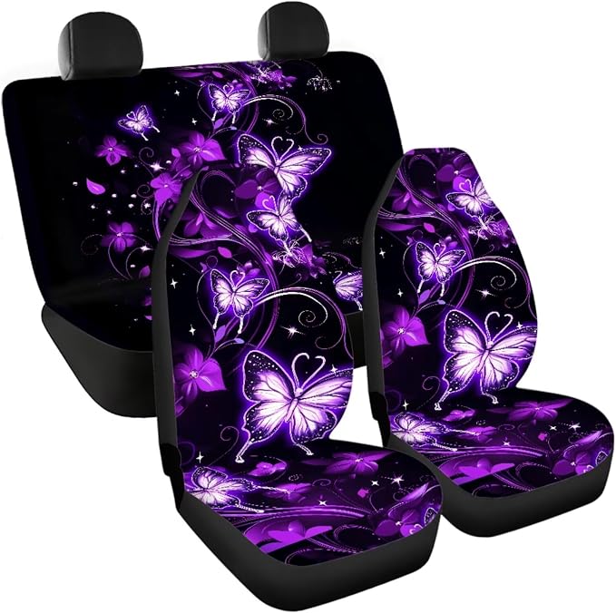 Butterfly Car Seat Covers and Accessories for Women 4 Seat Cushion Cover+1 Steering Wheel Cover+2 Safety Seatbelt Pad+2 Car Coasters+1 Shift Knob Cover and 1 Handbrake Cover, 11 Pack