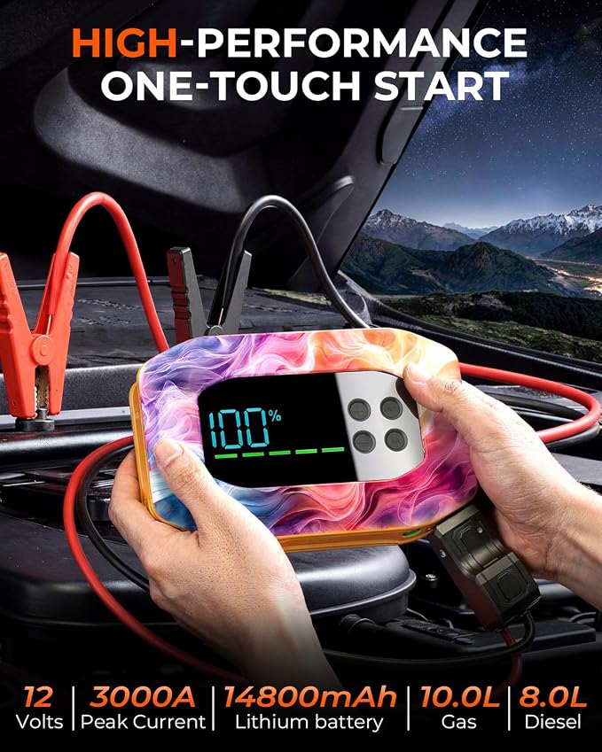 3000A Jump Starter with Air Compressor, Portable Car Battery Jump Starter, 12V Booster for Gas/Diesel Engines, 150PSI Tire Inflator 14800ma/h 33W Bidirectional fast Charging Power Bank-Orange