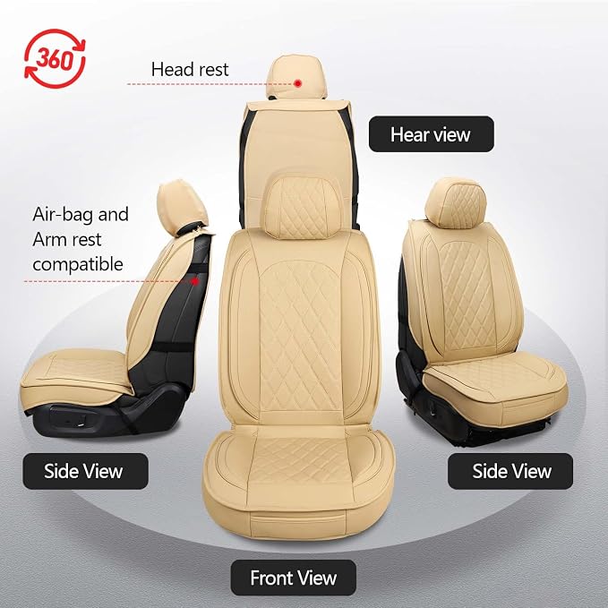 MIROZO Front Seat Covers,Leather Car Seat Covers Breathable Automotive Seat Covers Car Seat Protector Vehicle Seat Cushion for Sedan, Truck and SUV (2PCS Front, Beige)
