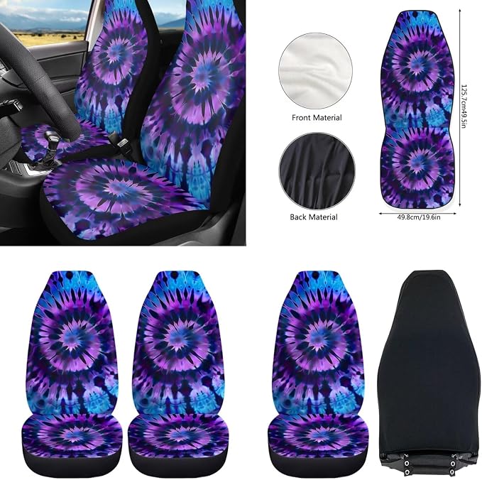 Howilath Purple Swirl Tie Dye Car Front Seat Cover with Center Console Cover+Steering Wheel Cover+Seatbelt Pads+Keychain+Coasters Set of 10 Auto Accessories