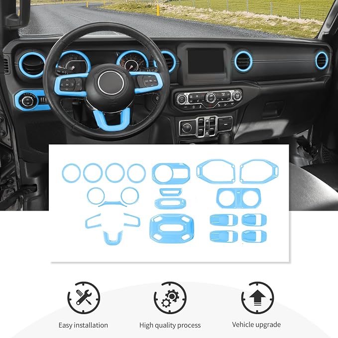 21PCS Light Blue Interior Trim Kits Fit for 2018-2023 Jeep Wrangler JL JLU & Gladiator JT 4Door Interior Decor Accessories Dashboard AC Headlight Switch Roof Speaker Inner Door Bowl Steering Button
