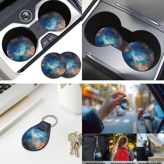 Blue Galaxy 12 Pack Car Seat Covers Full Set with Car Steering Wheel Cover Arm Rest Cover Auto Seat Belt Cover Cup Coasters and Keychain Holder Universal Fit Most Cars SUV