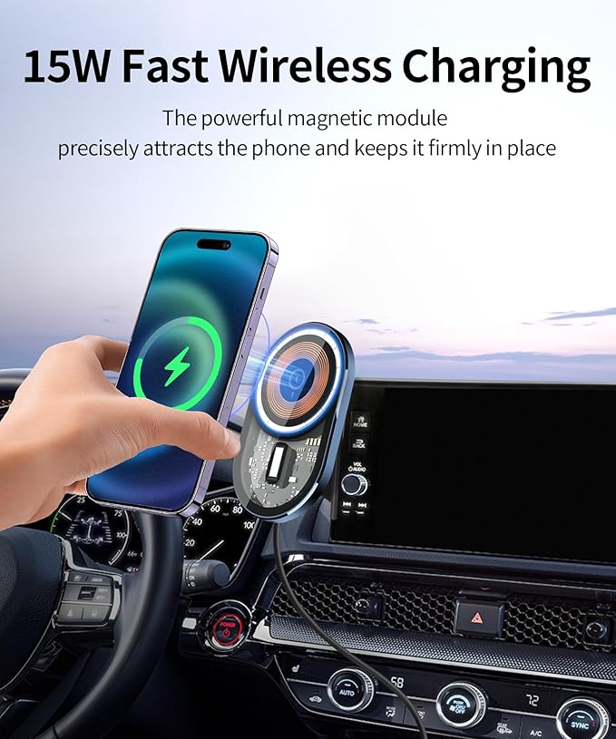 Wireless Charging Car Phone Holder for Honda HRV HR-V/CRV CR-V Hybrid 2023-2026, 7/9" Screen Fixed Clip, 360° Rotation Car Phone Mount Compatible with MagSafe