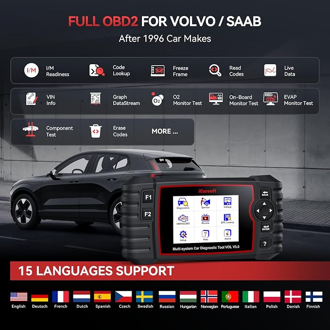 Bidirectional Diagnostic Tool for Land Rover/Volvo, iCarsoft VOL V3.0 (Enhanced Ver) All System Active Test 42 Resets for Land Rove, 39 Resets for Volvo, OBD2 Scanner Code Reader