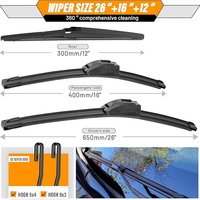 AUTOBOO 26"+16" Windshield Wipers with 12" Rear Wiper Blade Replacement for Toyota RAV4 2019 2020 2021 2022 2023-2025,Mazda 5 2015 2014 2013 2012 2011 2010-2006 -Original Factory Quality (Pack of 3)