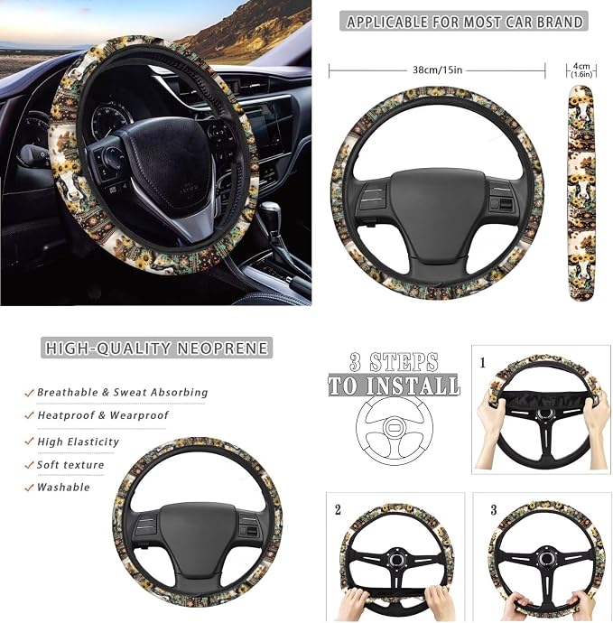 12pcs Cow Western Sunflower Auto Interior Set Cow Car Seat Cover+Coaster+ Keychain+Coaster+15 Inch Horse Auto Steering Wheel Cover+Seatbelt Pad for Men Women Car Decor Accessory