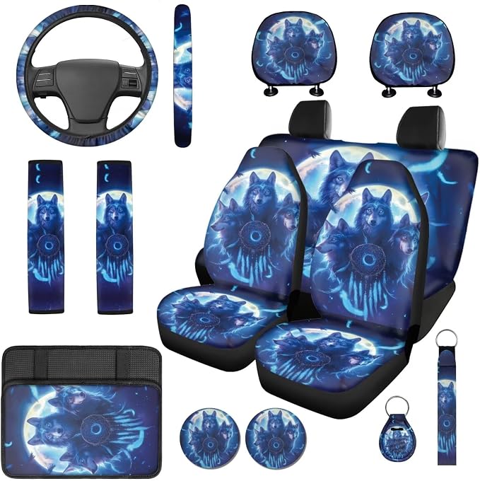 Bulopur Wolf Dreamcatcher Vehicle Seat Covers Set with 15 Inch Steering Wheel Cover Breathable Center Console Cover Seat Headrest Covers Seat Belt Pads Car Interior Accessories Set for SUV Van Sedan