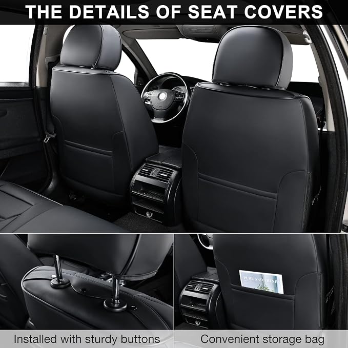 TIEHESYT Black Car Seat Covers Full Set, Breathable Leather Automotive Front and Rear Seat Covers & Headrest for Comfortable Driving, Universal Auto Interior Fit for Most Kinds of Vehicles, Cars