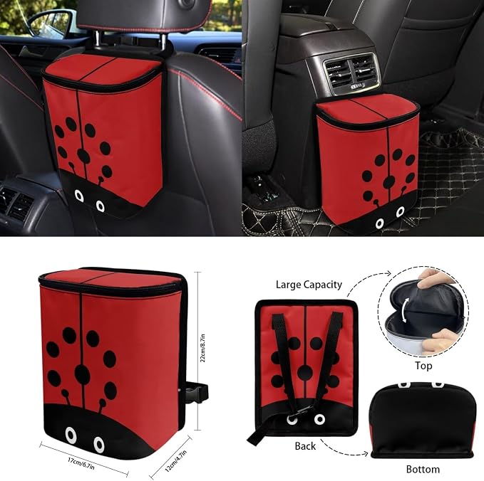 Ladybug Car Seat Covers Full Set for Women Cute Car Accessories Interior Car Steering Wheel Cover Seatbelt Covers Trash Bin Rear View Mirror Cover Cup Holders Keychain