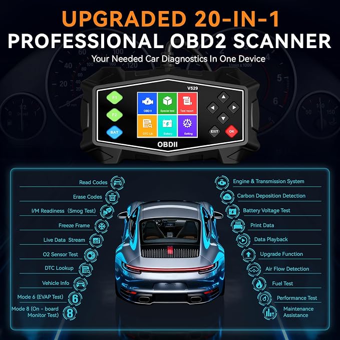 Enhanced OBD2 Scanner Diagnostic Tool - Check Engine Code Reader with Battery Tester, EVAP, Live Data, Mode 6/8, Professional Car Scan Tool with Freeze Frame, DTC Lookup for All OBDII Vehicles 1996+
