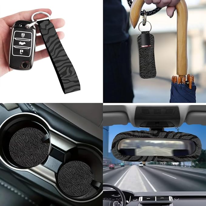 Black Zebra Car Seat Covers Set of 12 Steering Wheel Cover Seat Belt Pads Car Trash Can Car Rear View Mirror Cover Car Cup Coasters Universal Vehicle Accessories Car Interior Automotive