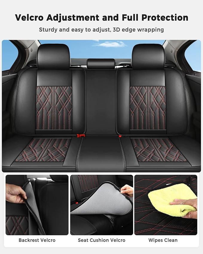Huidasource Leather Back Row Seat Covers, Waterproof Rear Split Bench Car Seat Covers, Vehicle Seat Cushion Cover Protector Universal Fit for Most Cars Sedan SUV Pickup Truck(Back Row/Black&Red)