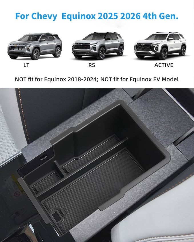 Center Console Organizer for Chevy Equinox 2026 2025 Armrest Insert Storage Tray with Non-Slip Rubber Mat Chevy Equinox Organiser Accessories-Black(Not for Equinox EV)