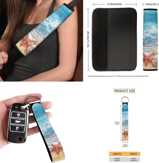 Beach Starfish Print 15 PCS Car Seat Cover Set with Auto Steering Wheel Cover Seat Belt Strap Protector Cup Holder Trash Bag Rear View Mirror Protector Keychain
