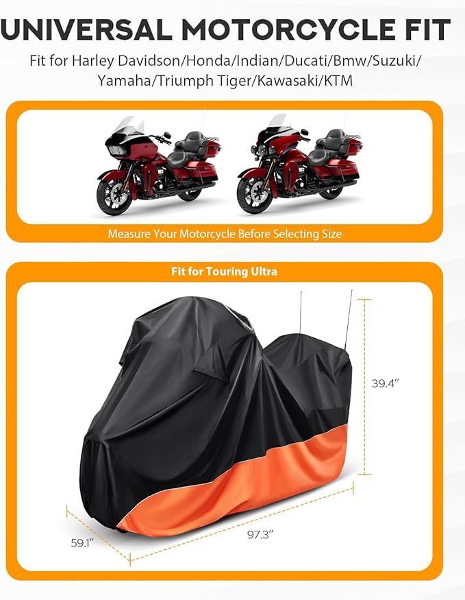 PBYMT Motorcycle Cover with Side Top Box, Waterproof Cover Compatible with Harley Davidson Touring Ultra Limited Street Glide Road Glide Electra Glide Outdoor All Weather Protection, 116" x 47" x 53"