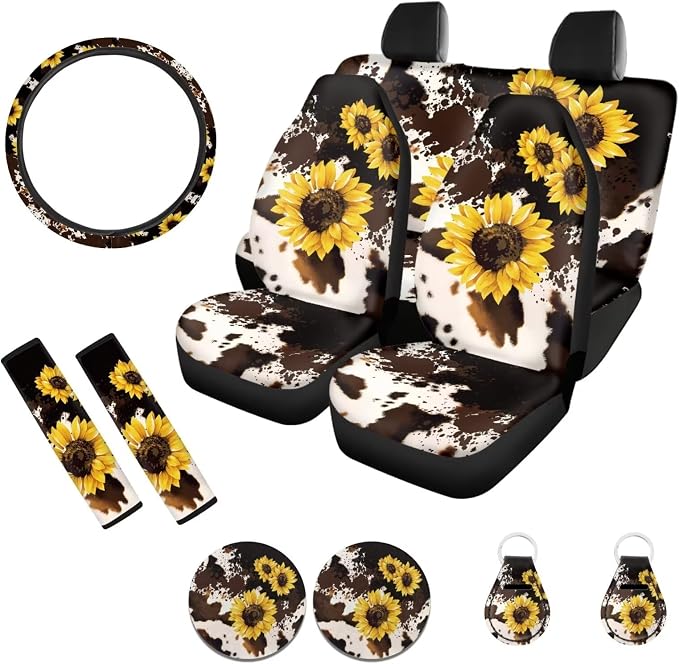 POLERO Sunflower Cow Print Seat Covers for Car 11pcs Vintage Front and Rear Bench Protector Cushion Vehicle Accessories with Keyring Holder