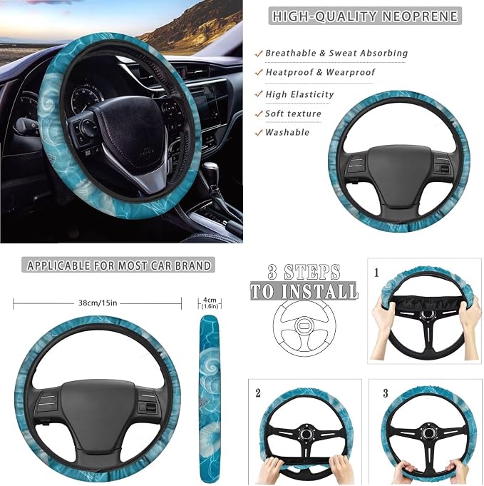 Suobstales Turtle Conch Seashell Print Car Seat Covers 11 Pcs Car Accessories Interior Set Auto Front Rear Split Seats Protectors with Steering Wheel Cover, Seatbelt Pads, Cup Holder, Keychain
