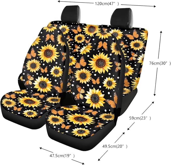 Sunflower Butterfly Dot Print 13 Pieces Car Interior Accessories, Auto Front and Rear Seat Cover Set of 4, 1 Comfort Steering Wheel Cover, 4 Soft Seat Belt Cover, 4 Cup Holder Coasters