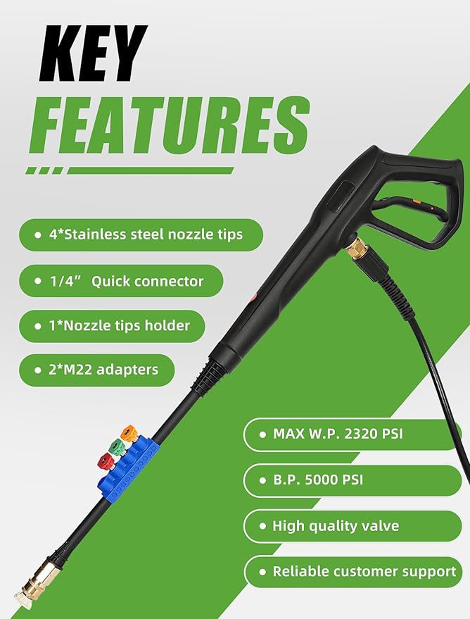 Pressure Washer Gun Set, Max W.P. 2320PSI, B.P. 5000PSI, Replacement for Ryobi Powerstroke Karcher Greenworks, M22-14mm & M22-15mm Fitting, 4 Stainless Steel Nozzle Tips & Holder