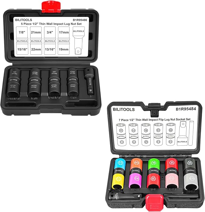 BILITOOLS 1/2 inch Drive Impact Flip Socket Set &Half Sizes Lug Nut Socket Set