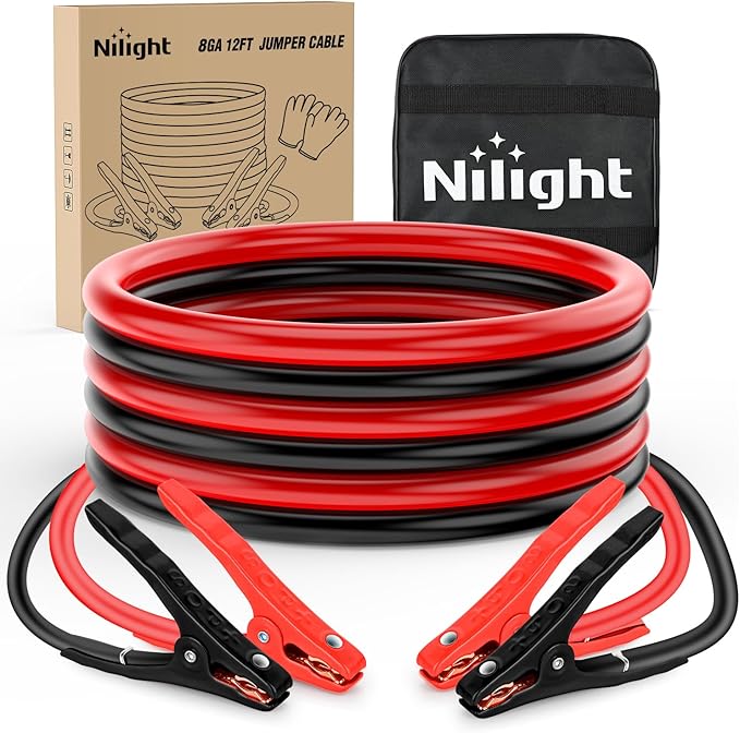 Nilight Jumper Cables for Car Battery 8 Gauge 12 FT Booster Cable Heavy Duty 250 A CCA with Carrying Bag Jump Start Emergency Kit Pickup Vans SUV Sedan Motorcycle