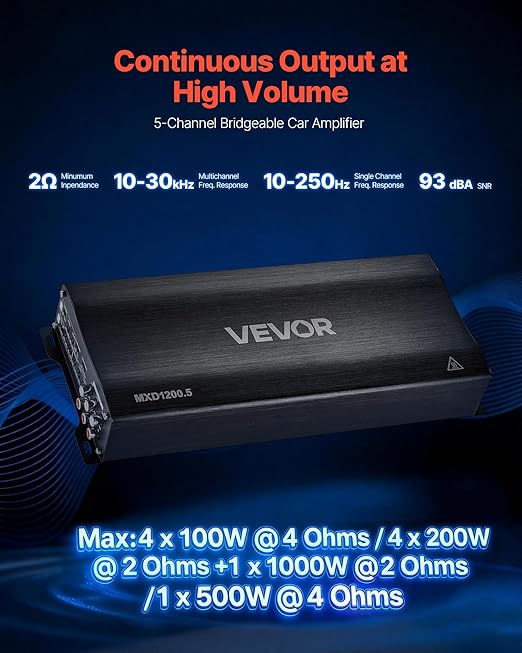 VEVOR 5 Channel Car Audio Amplifier Bridgeable Class D Full Range Amp Max Power 4 x 100W @ 4 Ohm / 4 x 200W @ 2 Ohm + Sub 1 x 500W @ 4 Ohm / 1 x 1000W @ 2 Ohm for Speakers & Subwoofer Vehicles