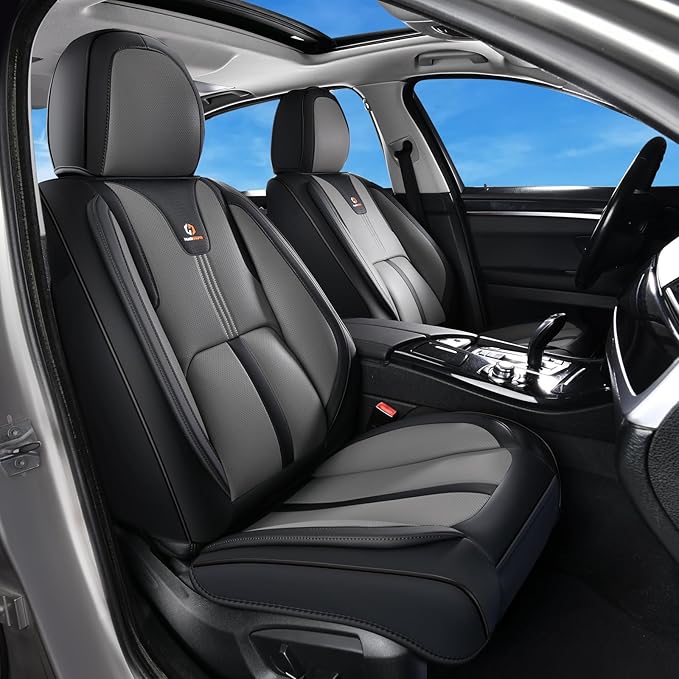 Huidasource Universal Car Seat Cover Luxury Nappa Leather, Car Seat Cover Set with Velcro Adjustable, Airbag, Lumbar Support, Cooling＆Heating, Seat Covers Fit for Most Cars SUV Trucks, Black＆Gray